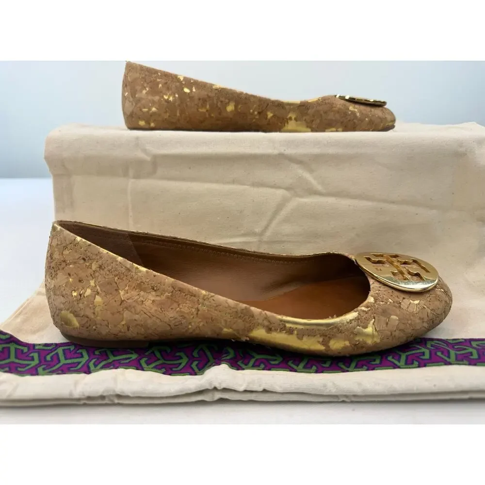 Tory Burch Gold Cork Ballet Flats Reva Logo Medallion Size 8.5M